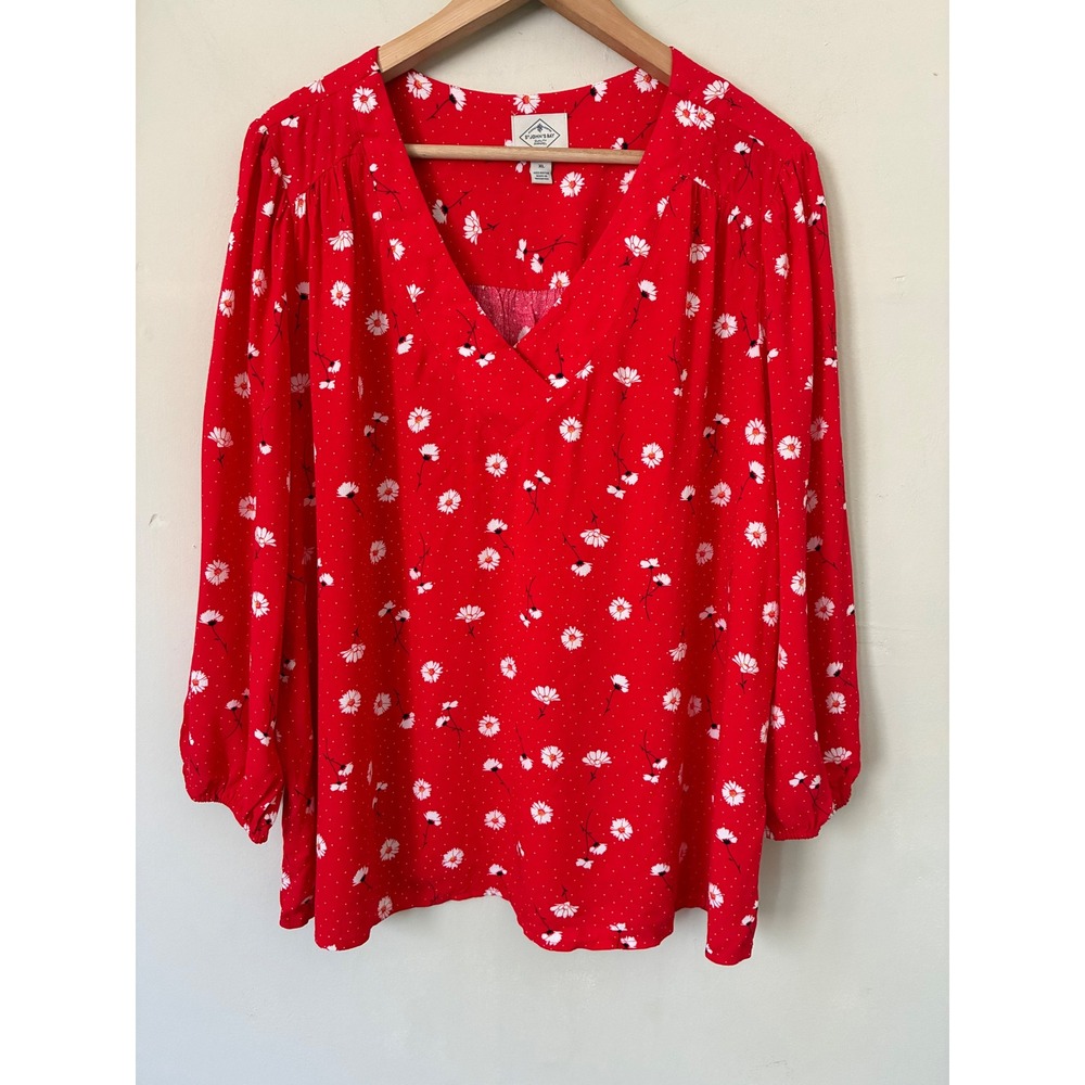 St Johns Bay Red Floral Daisy Polka Dot V-Neck Rayon Blouse XL Long Sleeve Boho